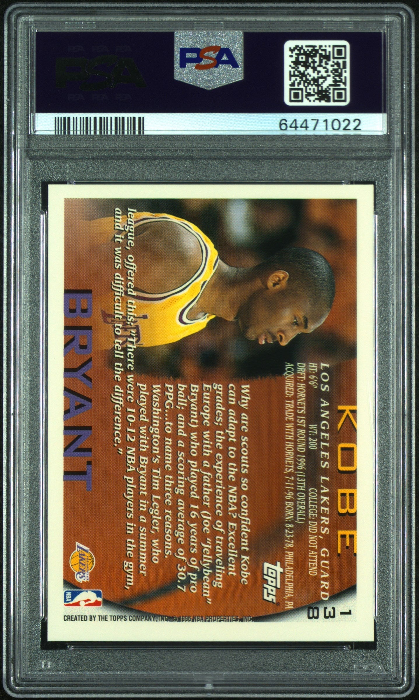 PSA-graded Kobe Bryant 1996 Topps #138 RC Gem Mint trading card in protective case