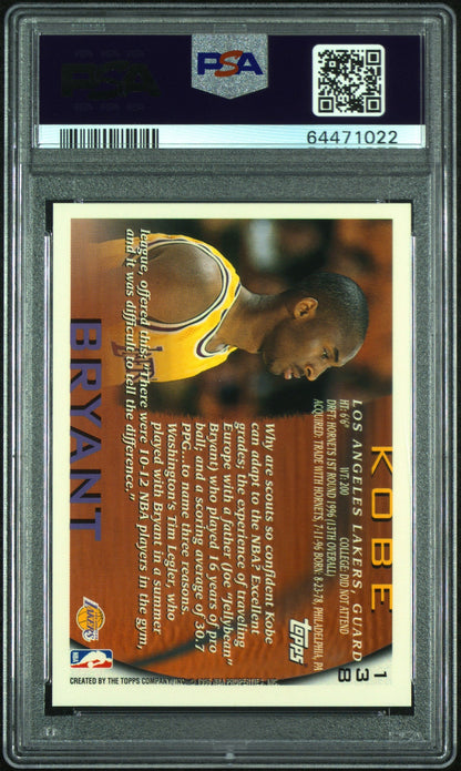 PSA-graded Kobe Bryant 1996 Topps #138 RC Gem Mint trading card in protective case