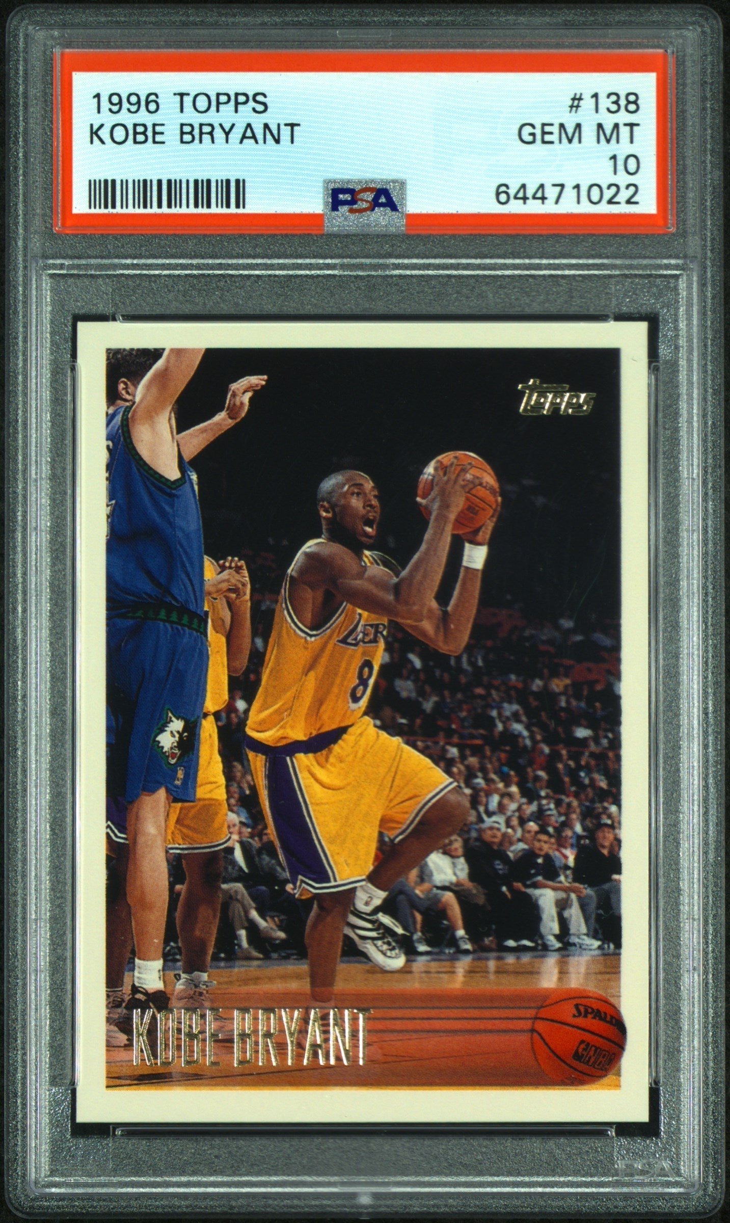 Kobe Bryant 1996 Topps #138 RC graded PSA 10 Gem Mint trading card in protective case