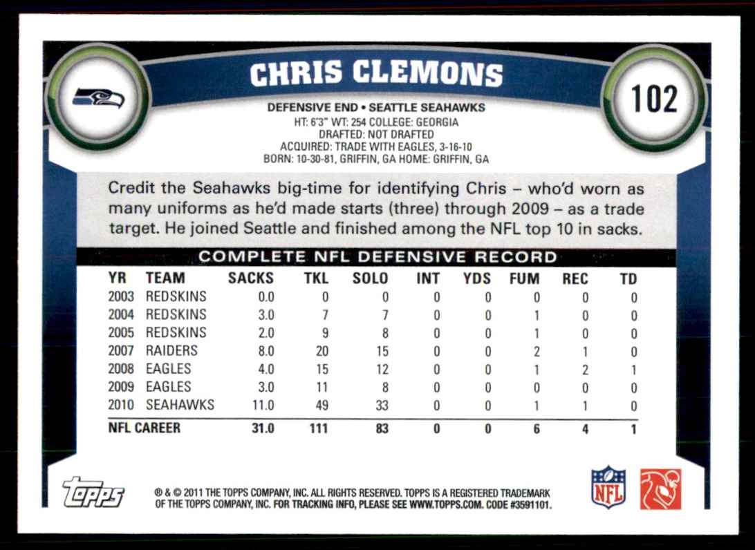 2011 Topps Chris Clemons Seattle Seahawks #102