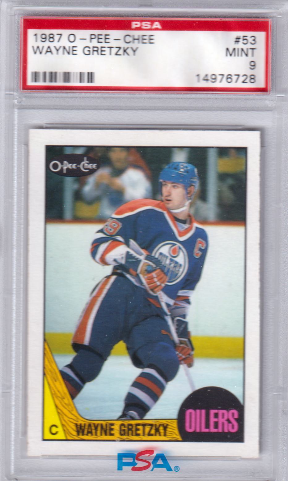 PSA-graded 1987 O-Pee-Chee Wayne Gretzky trading card featuring Edmonton Oilers uniform