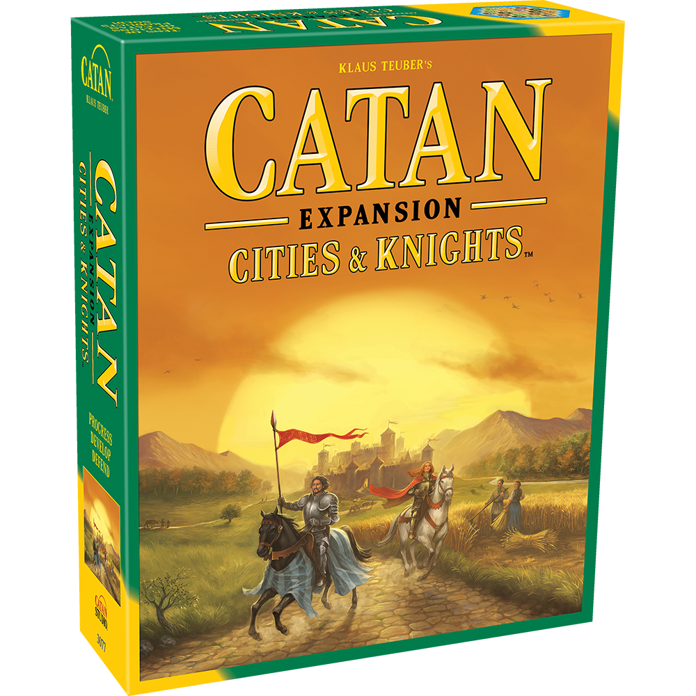 Catan Cities & Knights expansion box featuring medieval knights and trading cards theme