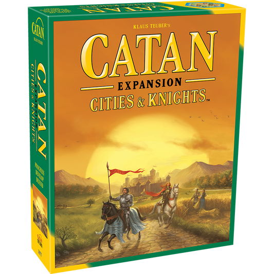 Catan Cities & Knights expansion box featuring medieval knights and trading cards theme