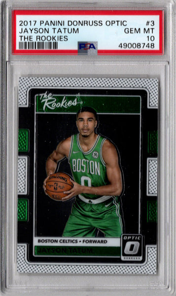 PSA 10 Jayson Tatum Boston Celtics trading card in green jersey holding basketball