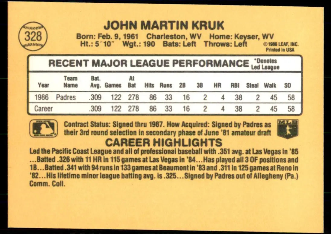 1987 Donruss John Kruk Rookie San Diego Padres #328