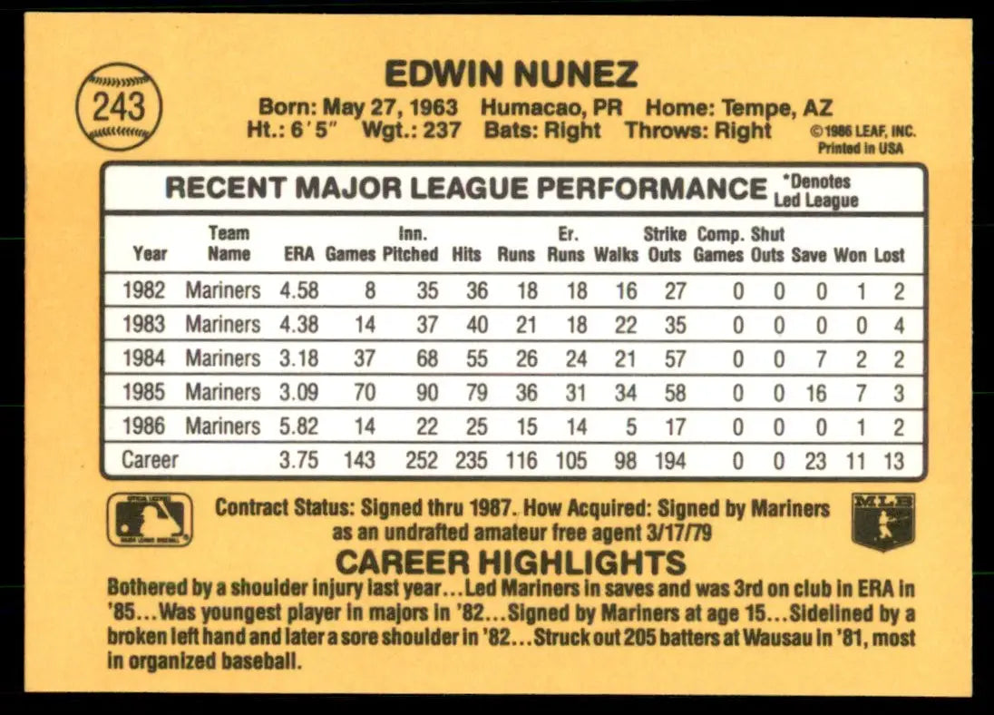 1987 Donruss Ed Nunez Seattle Mariners #243