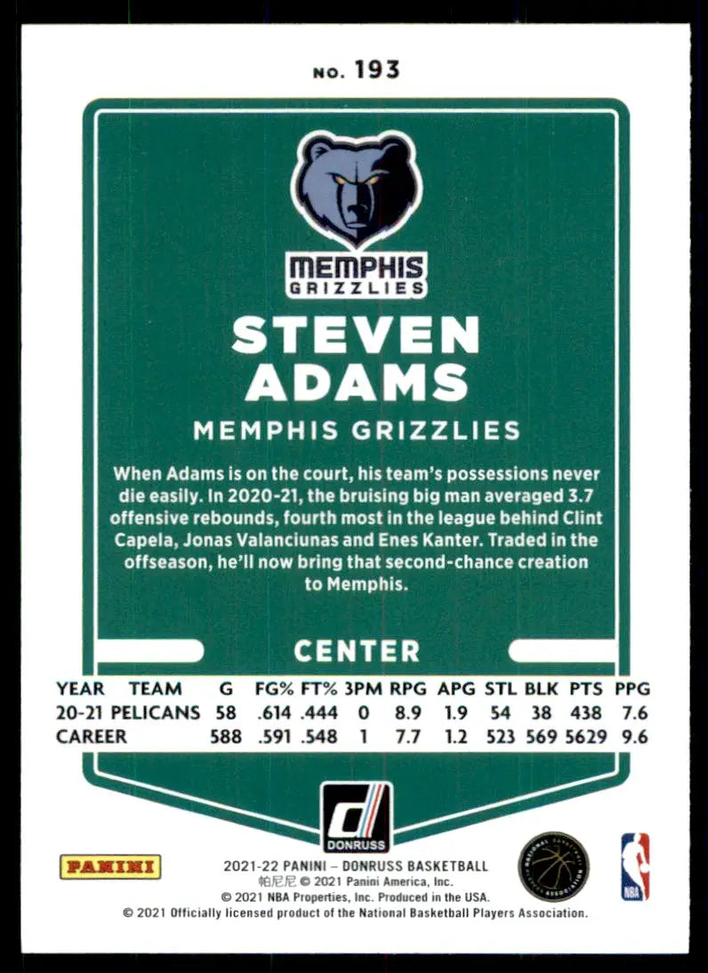 2021-22 Panini Donruss Steven Adams Memphis Grizzlies #193