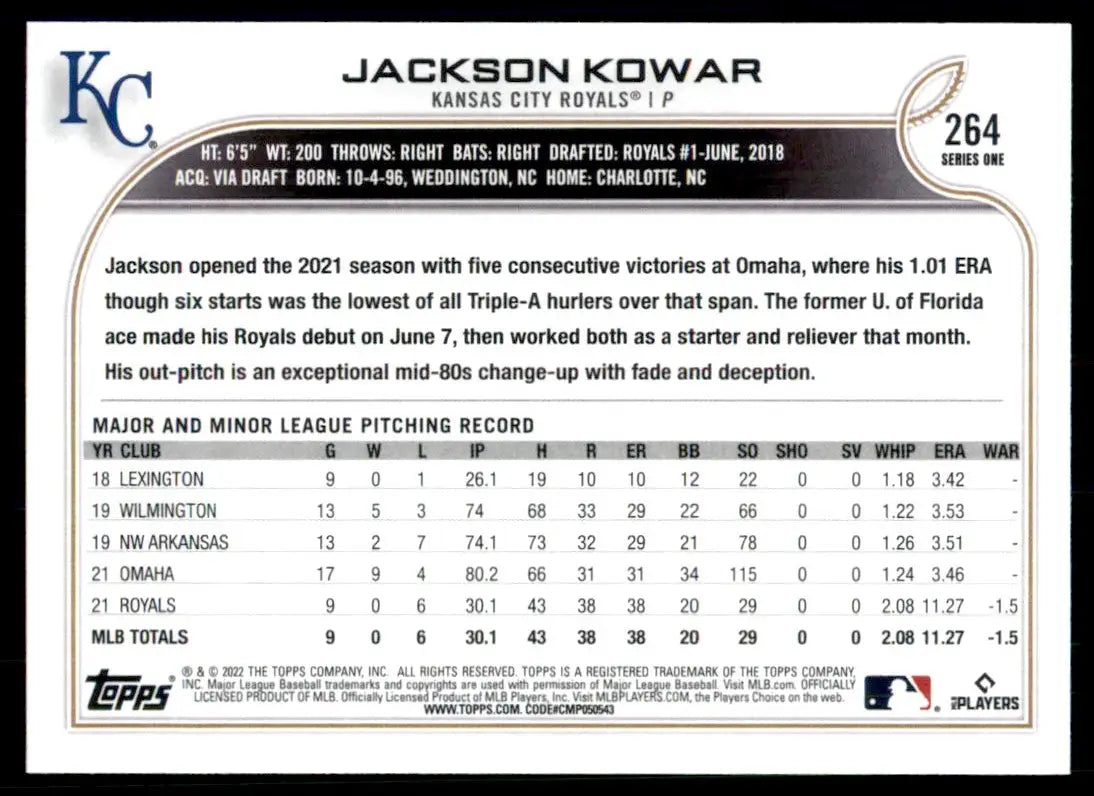 2022 Topps Jackson Kowar Rookie Kansas City Royals #264