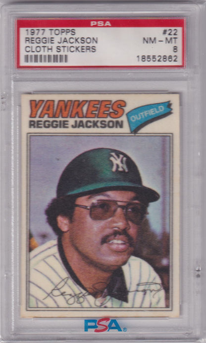 PSA-graded 1977 Topps Yankees Regie Jackson cloth sticker card in protective case