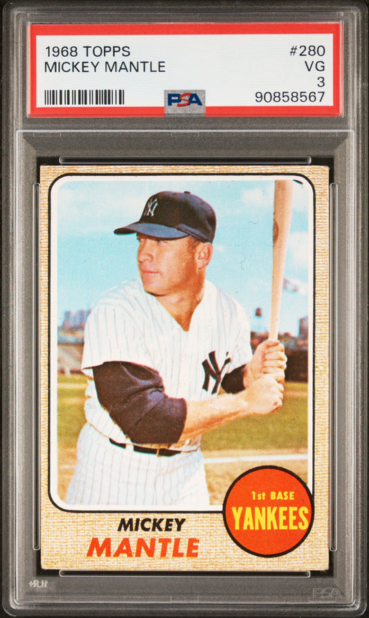 Mickey Mantle 1968 Topps #280 PSA 3 Very Good baseball card featuring Yankees player