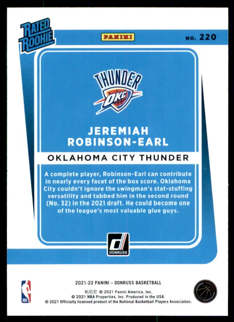 2021-22 Panini Donruss Jeremiah Robinson-Earl Rookie Oklahoma City Thunder #220