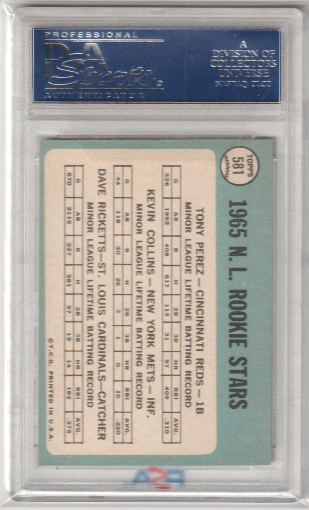 TONY PEREZ 1965 Topps Rookie RC Collins Ricketts #581 PSA 7 NM REDS