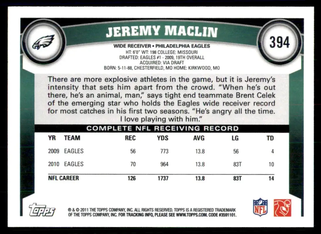 2011 Topps Jeremy Maclin Philadelphia Eagles #394