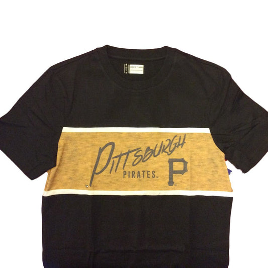 Black Pittsburgh Pirates t-shirt with yellow stripe, officially licensed MLB apparel