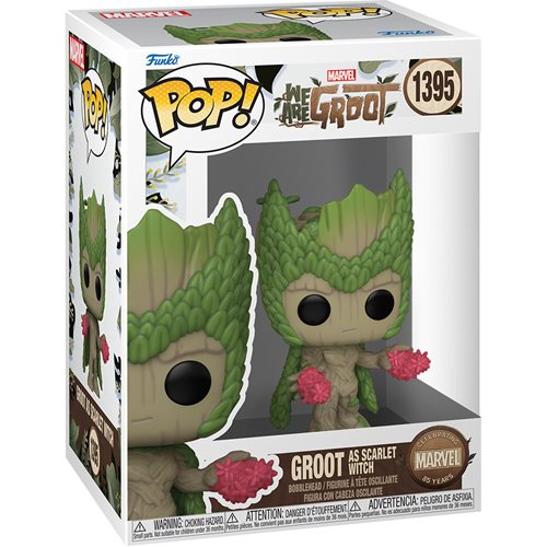 Scarlet Witch Funko Pop of Groot holding red flowers from Marvel’s What If series