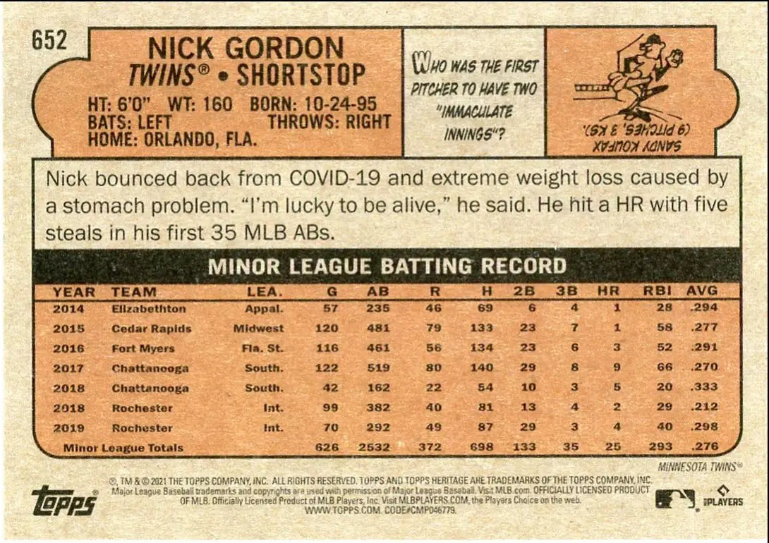 2021 Topps Heritage High Number Nick Gordon Rookie Minnesota Twins #652