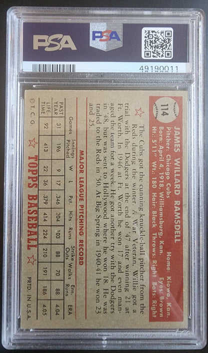 PSA-graded Willard Ramsdell 1952 Topps #114 baseball card back with stats and text