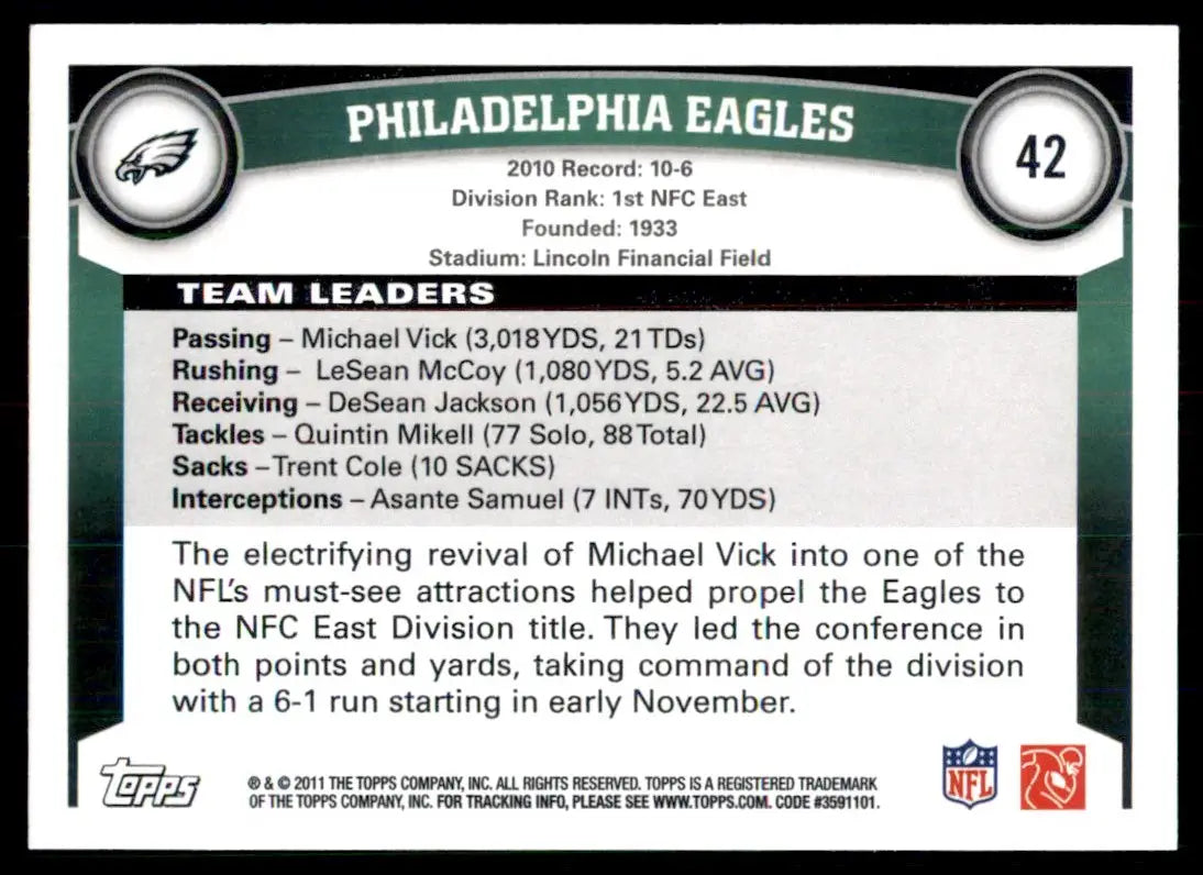 2011 Topps Philadelphia Eagles Team Philadelphia Eagles #42