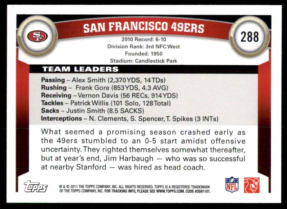 2011 Topps San Francisco 49ers Team San Francisco 49ers #288