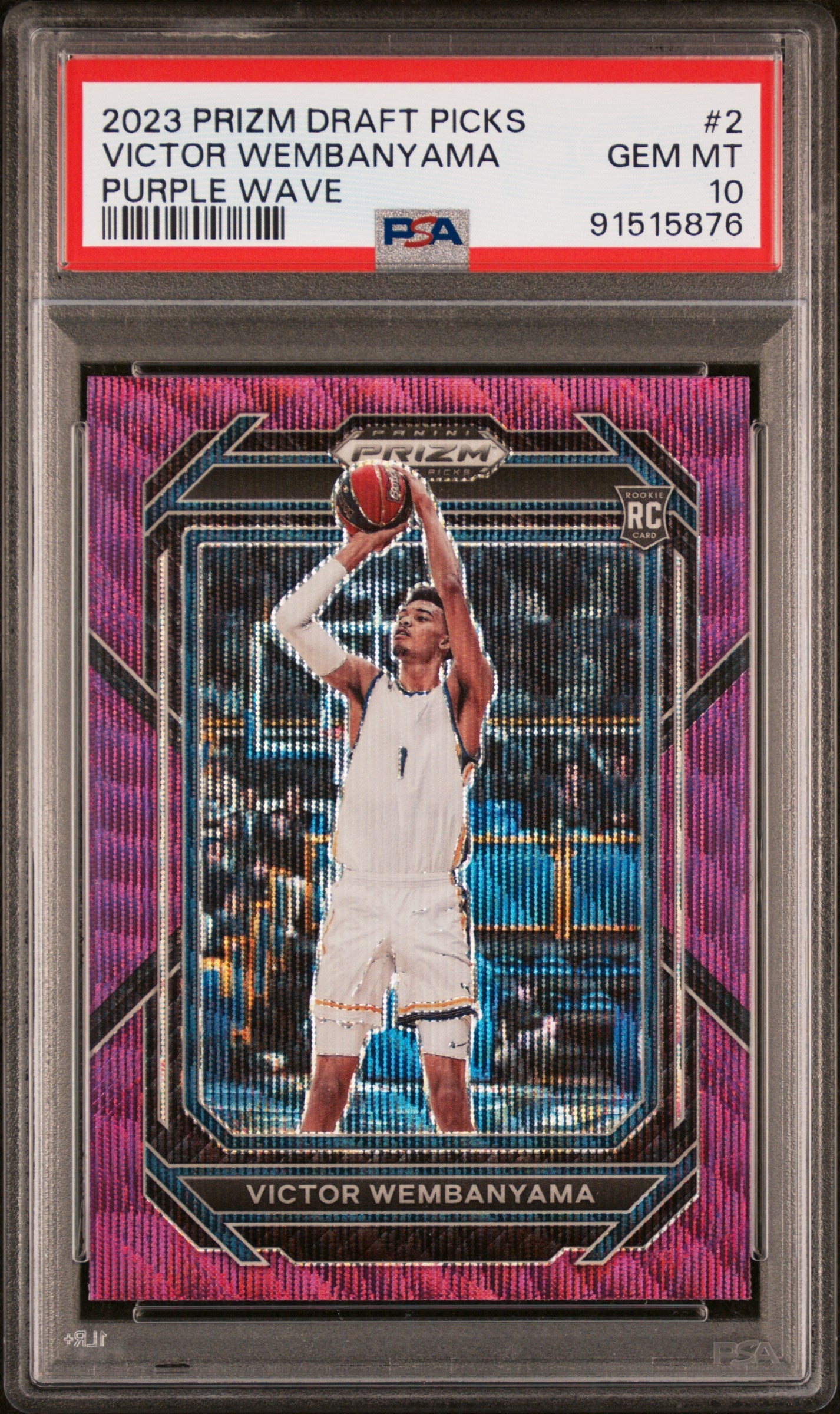 PSA 10 Gem Mint Victor Wembanyama 2023 Prizm Draft Purple Wave card with geometric border