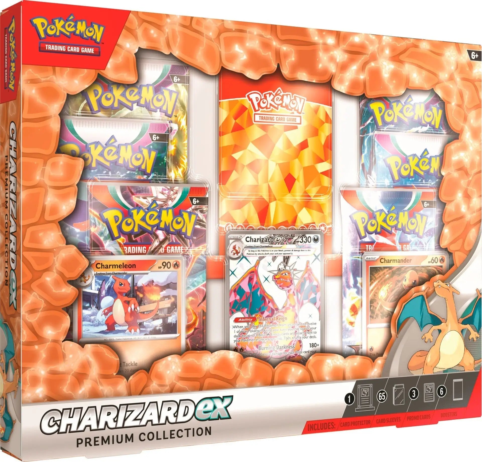 Pokémon TCG Charizard GX Premium Collection box with booster packs and card sleeves