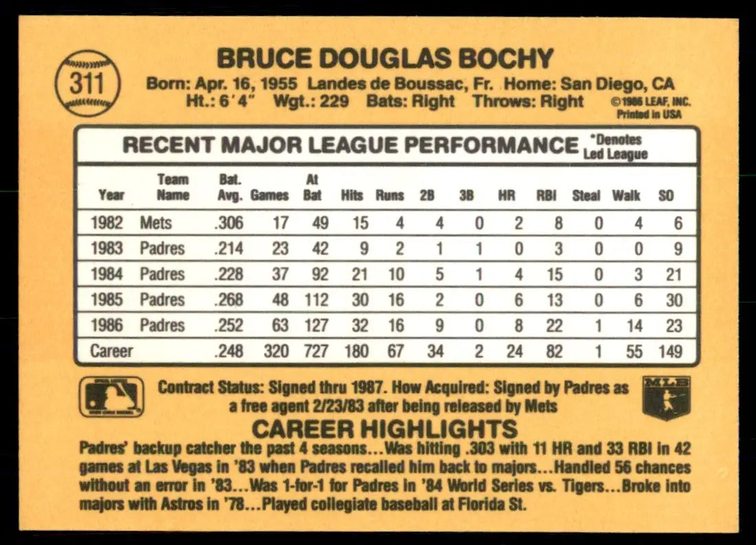 1987 Donruss Bruce Bochy San Diego Padres #311