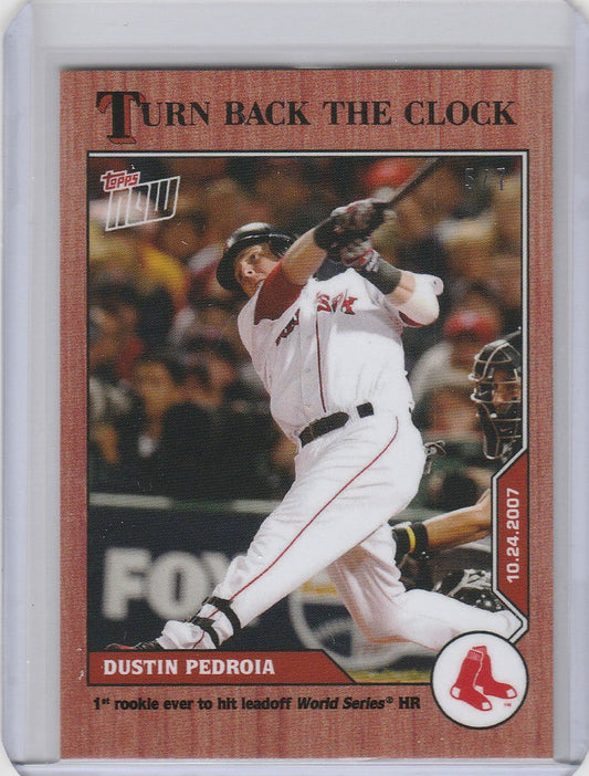 Baseball card of Dustin Pedroia mid-swing for Boston Red Sox 2020 Topps Turn Back the Clock