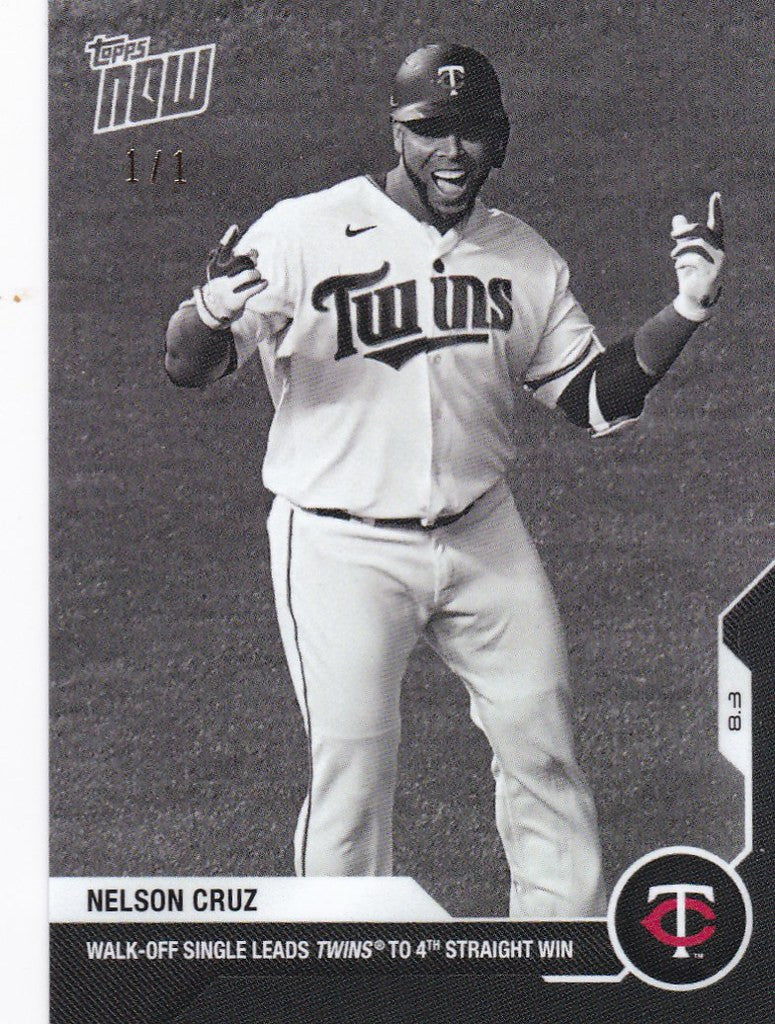 Baseball card of Nelson Cruz celebrating, featured in 2020 Topps Now White Platinum