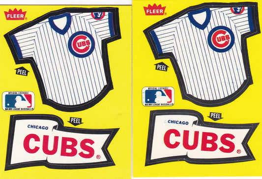 Baseball jerseys featuring Chicago Cubs pinstripes and logo from Fleer Stickers Cubs