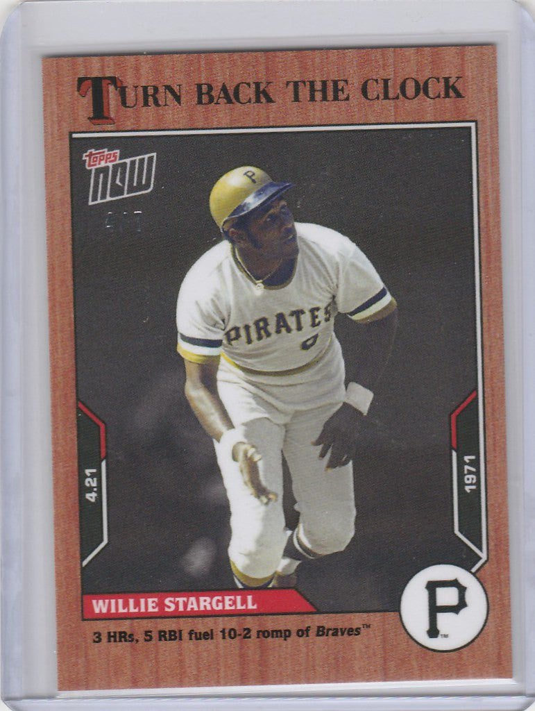 Willie Stargell Pirates baseball card in white uniform swinging bat from Topps Turn