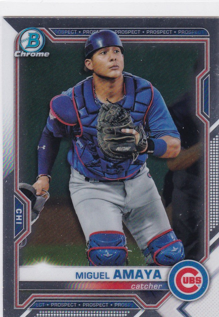 Baseball card of Miguel Amaya, Chicago Cubs catcher in blue gear for trading cards