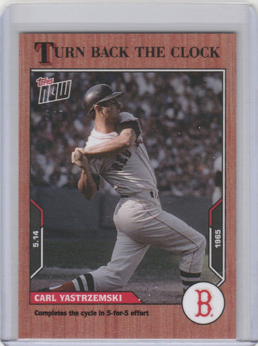 Baseball card of Carl Yastrzemski in batting stance for Topps Red Sox collectible