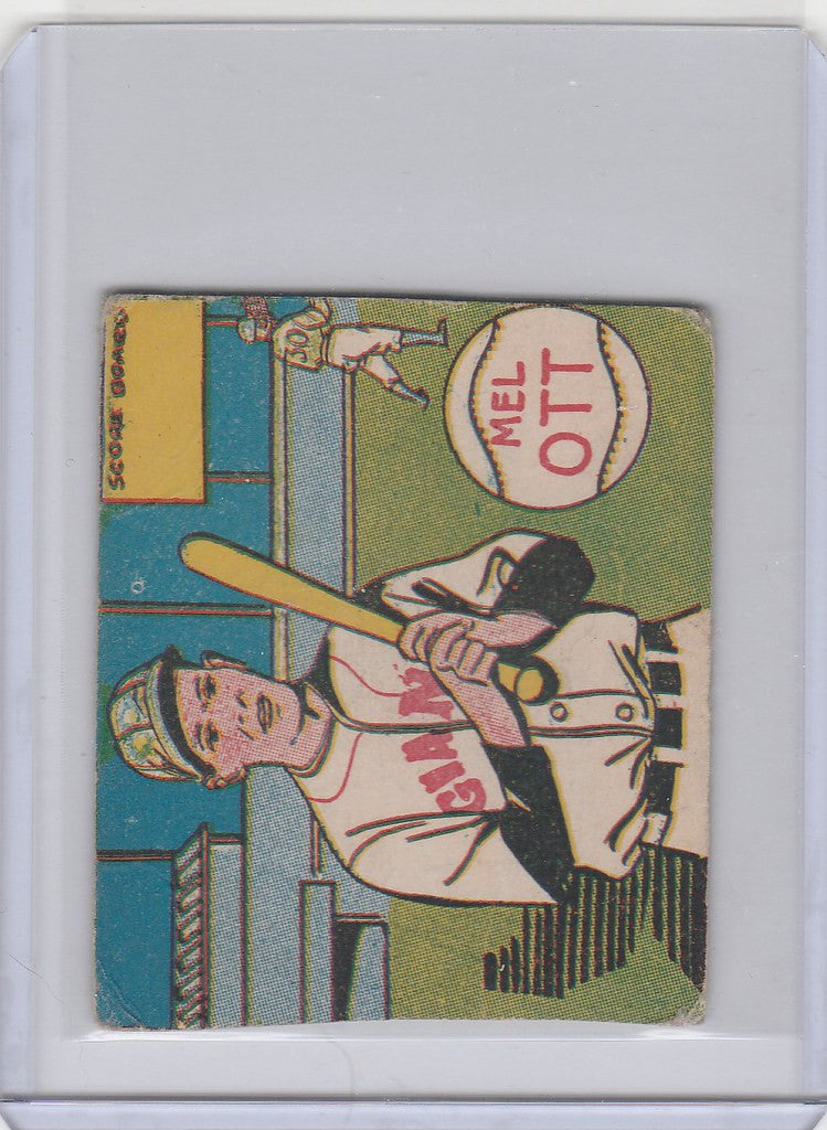 Vintage Mel Ott baseball card R302-01 featuring cartoon-style batter illustration