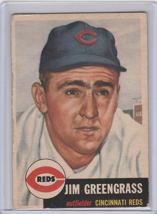 Baseball card of Jim Greengrass Cincinnati Reds in cap, 1953 Topps VGEX condition