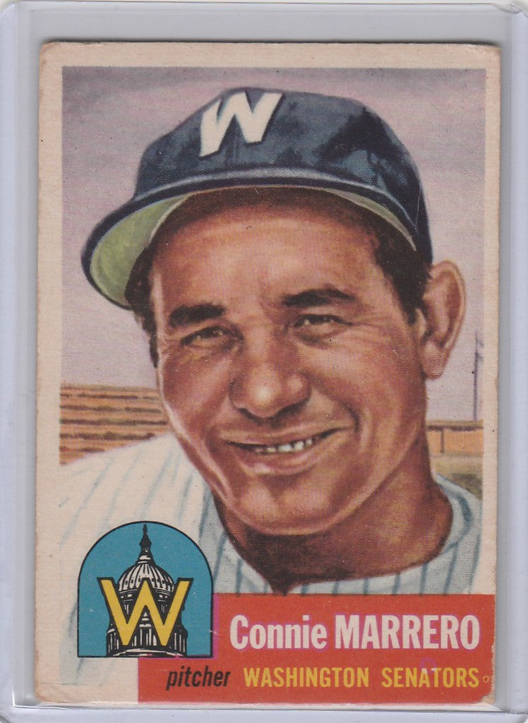 Baseball card of Connie Marrero smiling for the Washington Senators in 1953 Topps