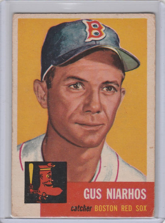 Baseball card of Gus Niarhos from the Boston Red Sox with iconic cap logo