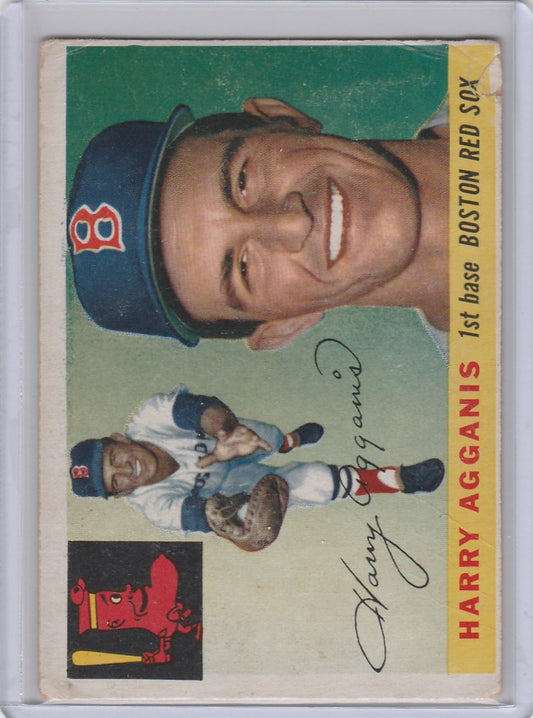 Baseball card of Harry Agganis smiling in cap for Boston Red Sox 1955 Topps #152