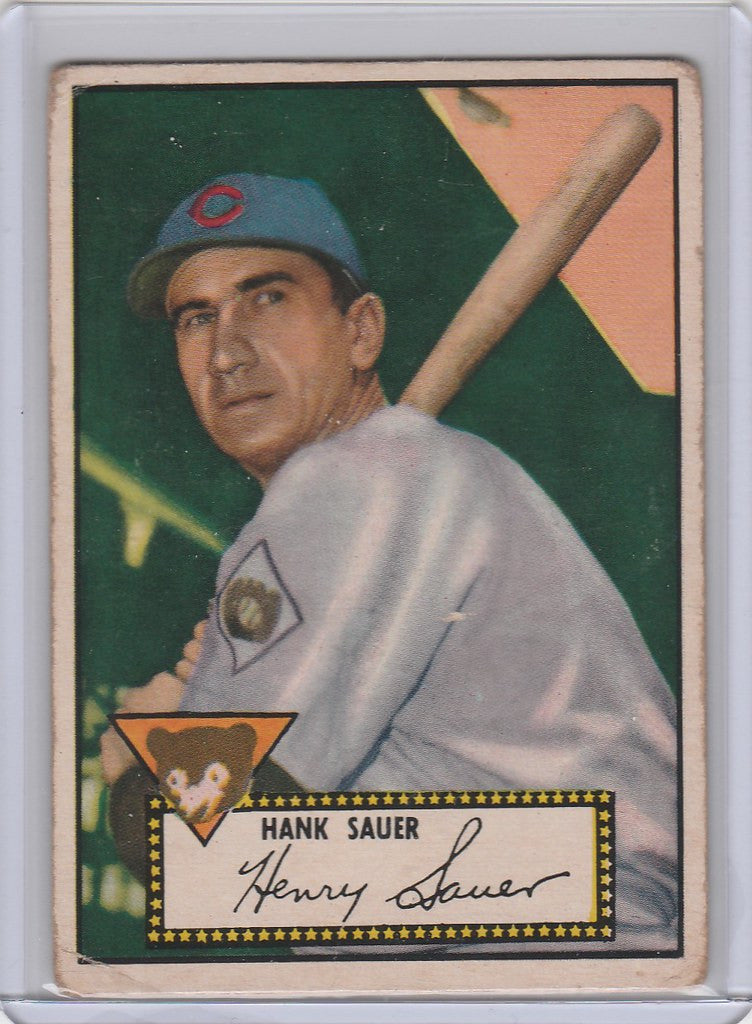 Vintage 1952 Topps Hank Sauer Chicago Cubs card in white uniform and blue cap