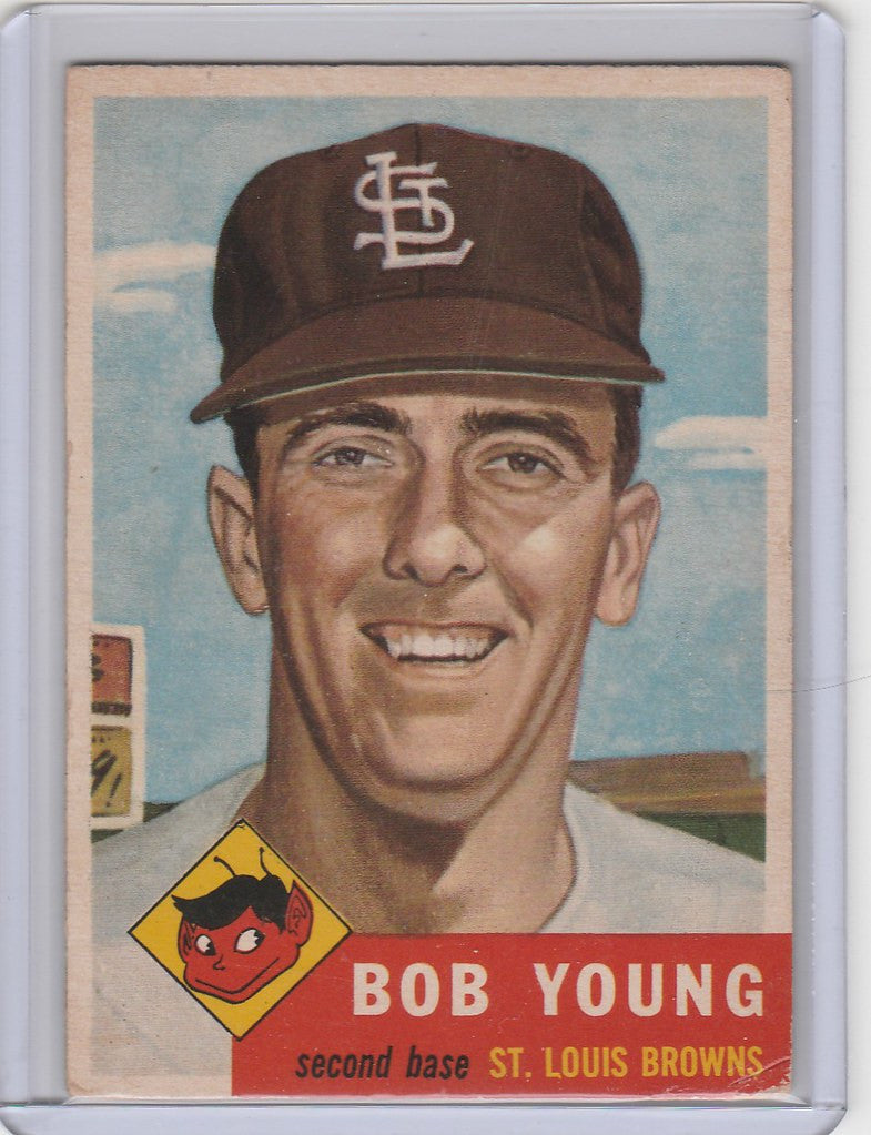 Baseball card of Bob Young, smiling player from the St. Louis Browns team