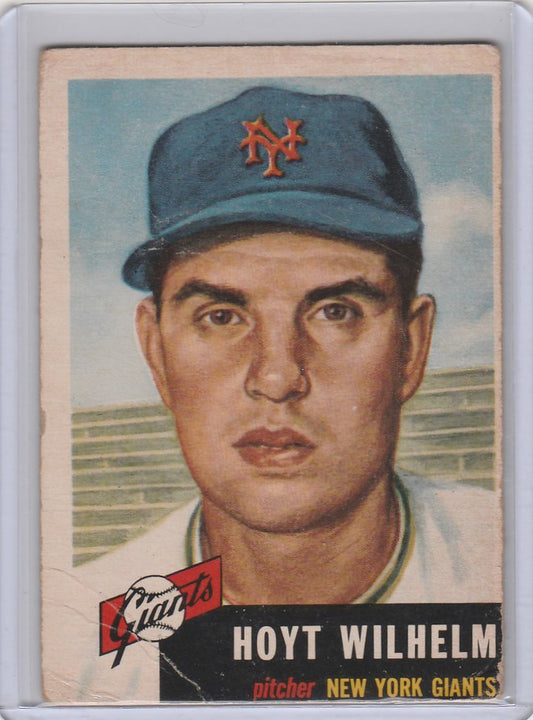 Baseball card of Hoyt Wilhelm, New York Giants player, in vintage trading cards