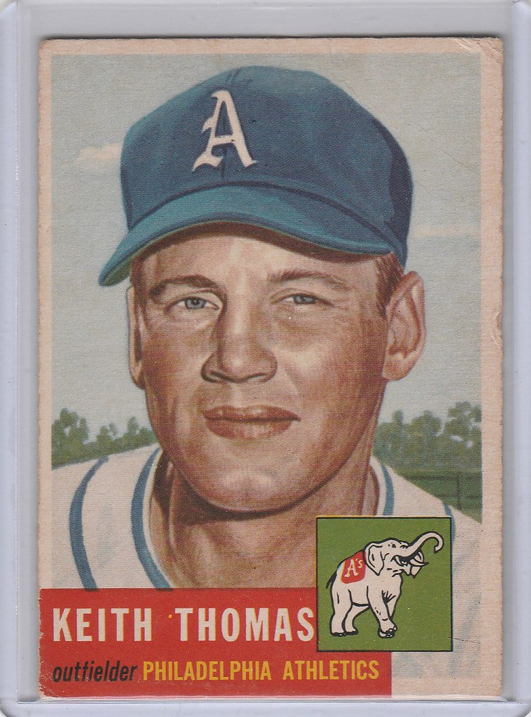 Baseball card of Keith Thomas Philadelphia Athletics in blue cap with A logo