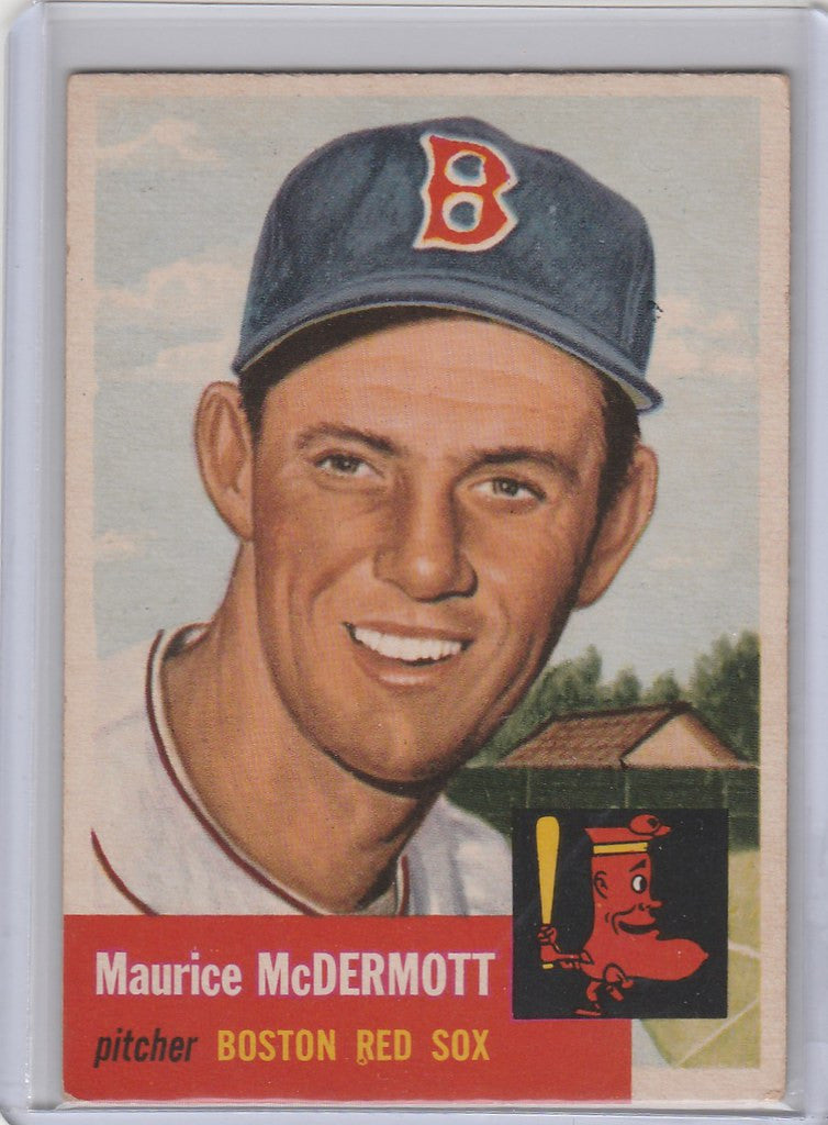 1953 Topps #55 Maurice McDermott Boston Red Sox card featuring a smiling player