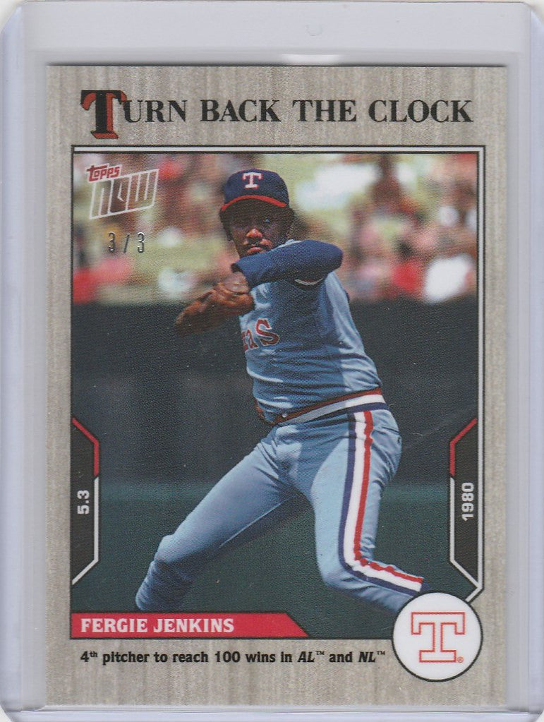 Baseball card of Fergie Jenkins Texas Rangers in mid-throw, 2021 Topps Clock Ash Parallel