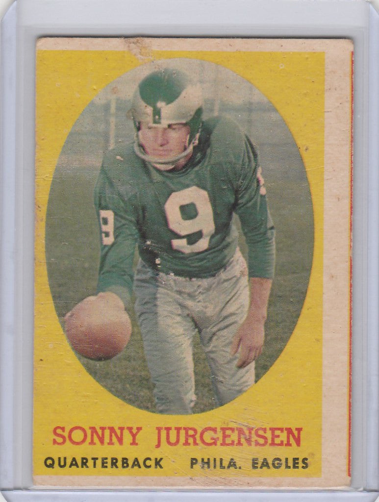 Vintage football card of Sonny Jergensen Philadelphia Eagles Fair Rookie in green jersey