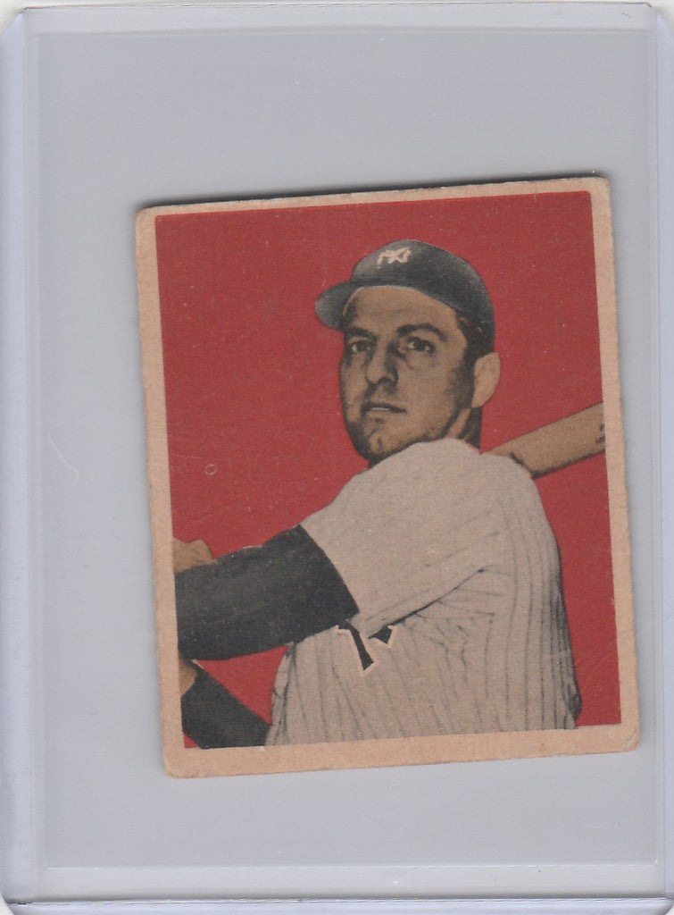 Vintage 1949 Bowman Tommy Henrich New York Yankees trading card with red background