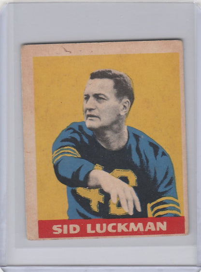 Vintage Sid Luckman Chicago Bears trading card in blue and yellow jersey, 1949 Leaf VGEX