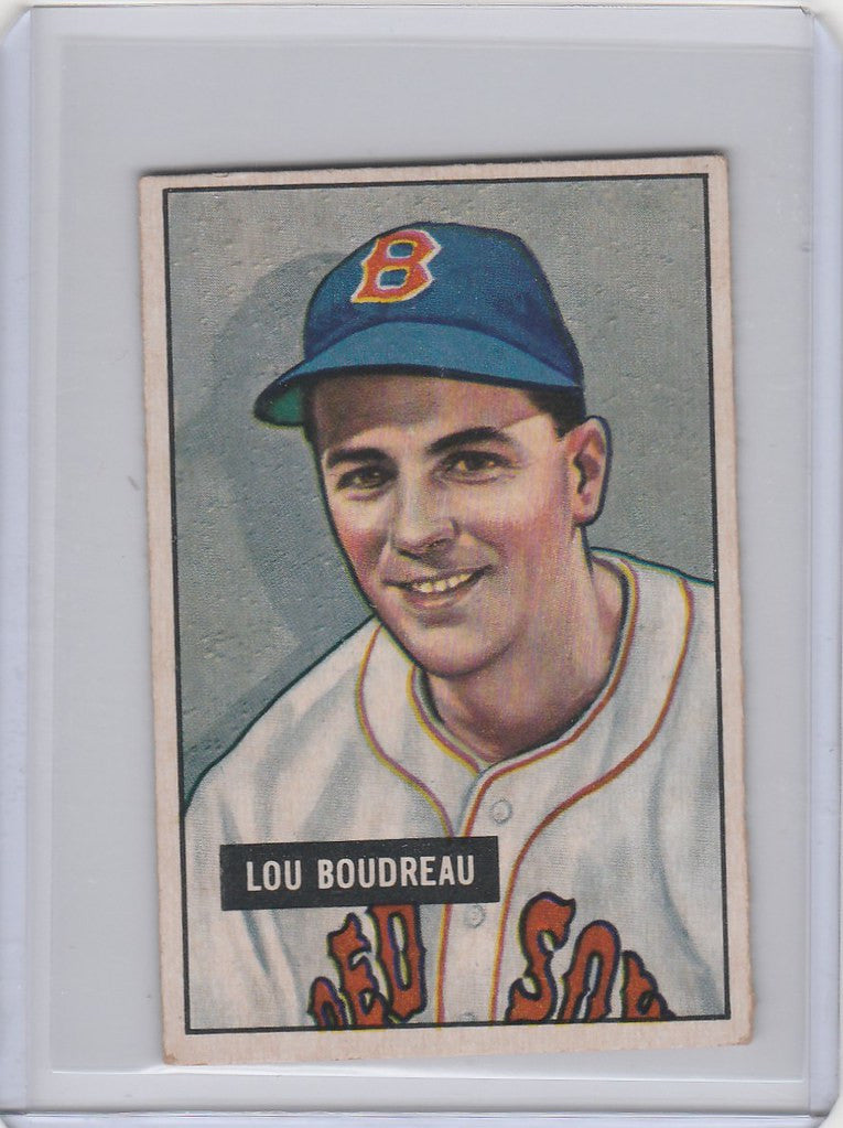 Vintage baseball card of Lou Boudreau in Boston Red Sox uniform, smiling player