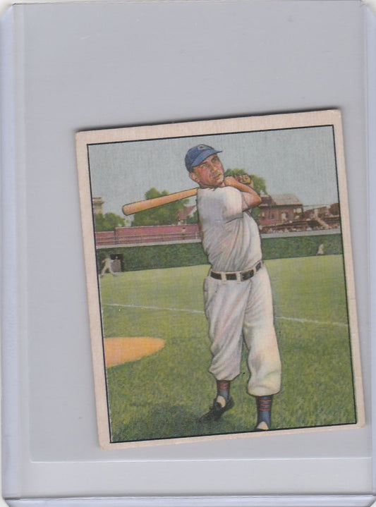 Vintage 1950 Bowman #25 Hank Sauer Chicago Cubs EXMT card with player swinging a bat