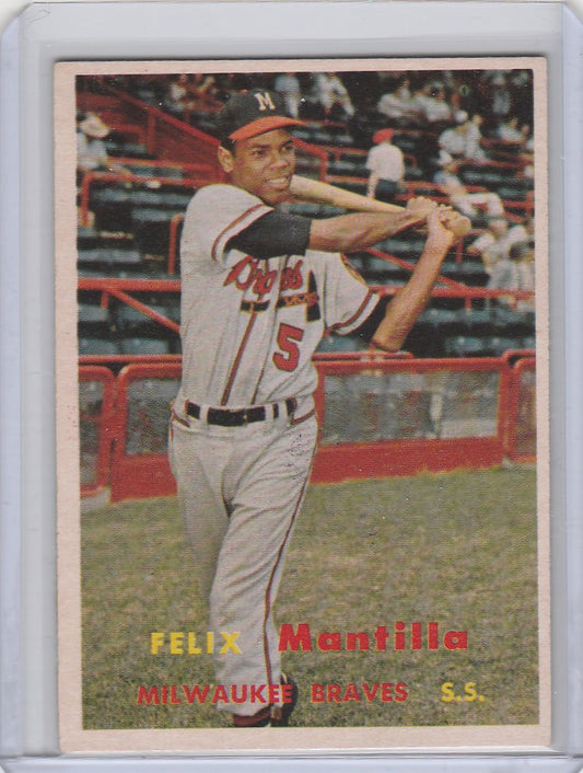 Baseball card of Felix Mantilla in batting stance, Milwaukee Braves EXMT condition