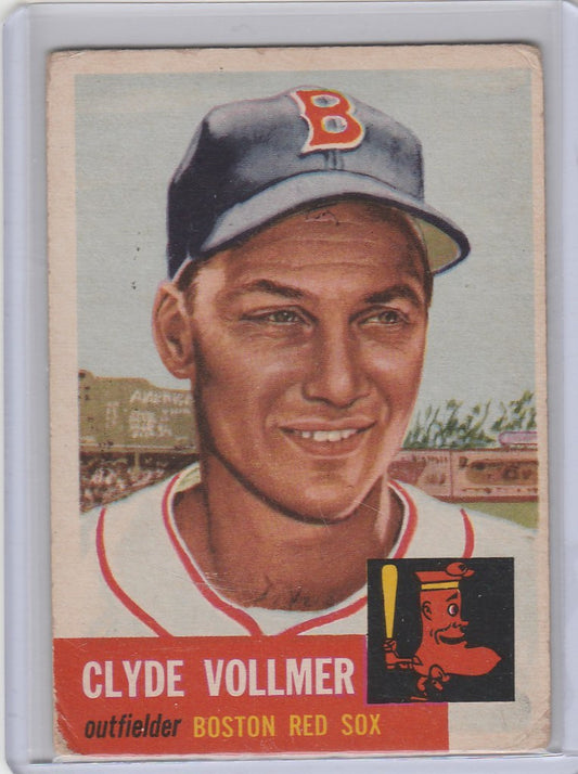 Vintage 1953 Topps #32 Clyde Vollmer Boston Red Sox card featuring smiling player